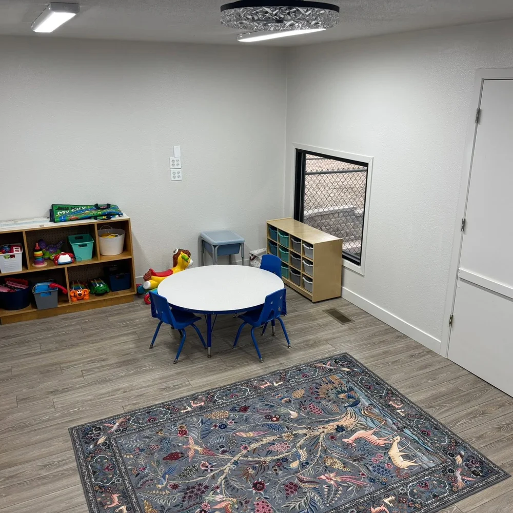 Owlets infant room with a round activity table, toy shelves, and a bird-patterned rug