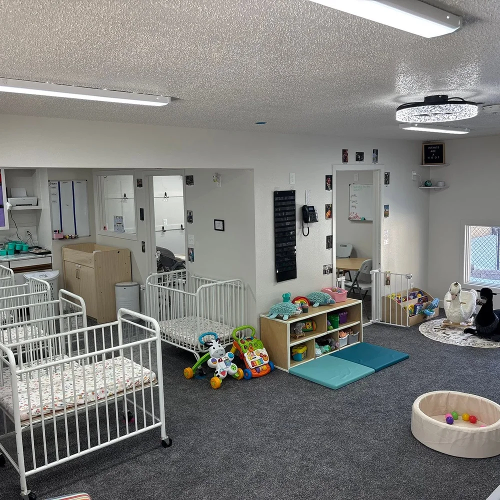 Owlets infant sleep and play area with cribs, soft floor mats, and toy shelves
